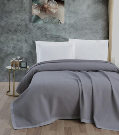 Памучно покривало за легло сиво 220x240 см тънко летно покривало