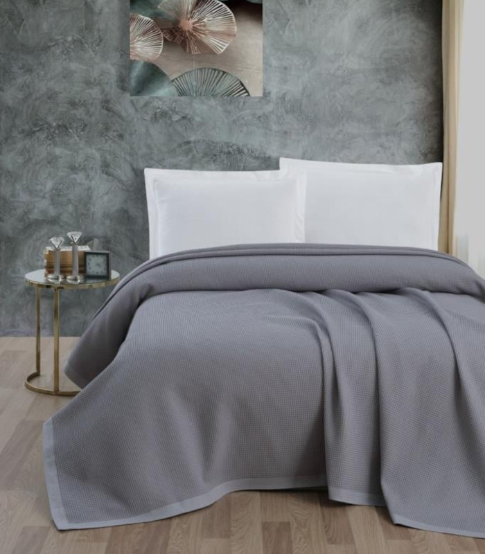 Памучно покривало за легло сиво 220x240 см тънко летно покривало